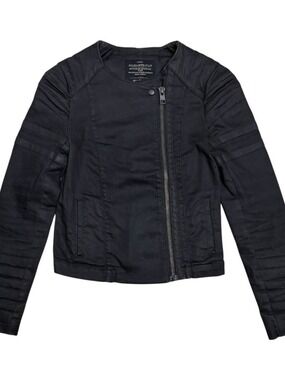 All Saints Denim Jean Jacket Luxury Cropped Black Moto Coat Womens Size 0